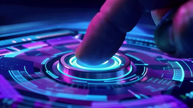 Futuristic digital interface featuring glowing circular elements with finger interaction, showcasing advanced technology and vibrant neon hologram for immersive digital experience