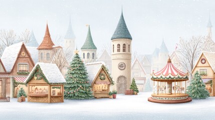 Fototapeta premium Charming Winter Christmas Market Scene with Wooden Chalets and Decorated Trees