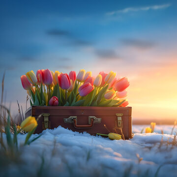 Vintage suitcase with colorful tulip flowers and blooms lying on the meadow with the rests of the melting snow and grass growing. Concept of spring coming and winter leaving. Horizontal, banner.