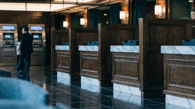 Quiet retail bank interior medium shot showing teller counters focused with blurred ATMs and empty seating for a calm serene atmosphere.