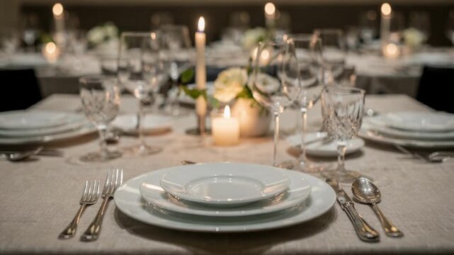 Closemedium shot showcasing a luxury multicourse dinner setup with elegant cutlery minimalist d&eacute;cor and romantic candle illumination softly fading into the background.