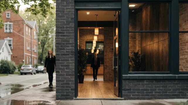 Suburban neighborhood credit union with a modern minimalist design storefront doorway in sharp focus and leafy streetscape subtly blurred behind.