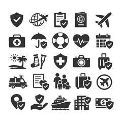 Obraz premium Travel and health icons: safety, adventure, and family trip symbols.