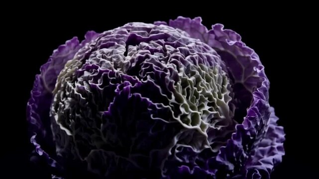 Purple cabbage vegetable close up showcasing fresh organic ruffled leaves with detailed natural texture and vibrant color against dark background highlighting intricate patterns and healthy appearance