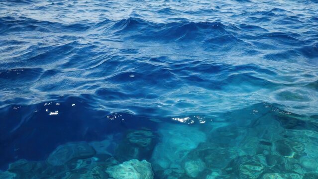 Clear blue sea with visible rocky seabed beneath surface