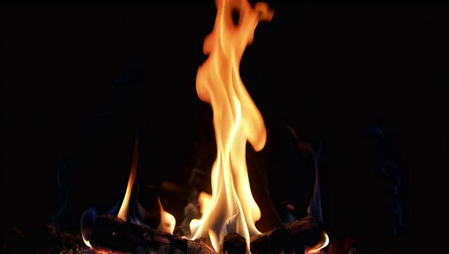 Intense 4K vertical footage of blazing orange flames rising against black background capturing high quality heat power and the raw energy of roaring fire ultra HD