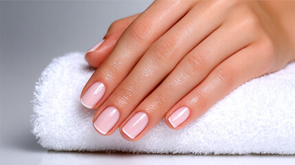 Naklejka premium Woman's hand with manicured nails resting on white towel 