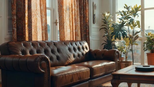 stylish 4K animation of light bohemian living room featuring tan leather sofas wooden coffee table and large window with patterned orange drapes capturing high quality interior design