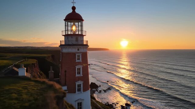 Lighthouse at sunset over ocean, cinematic drone shot of historic tower perched on cliff, beacon lantern glowing, goldenhour sun reflecting on rolling waves, rugged shoreline and distant headlands,