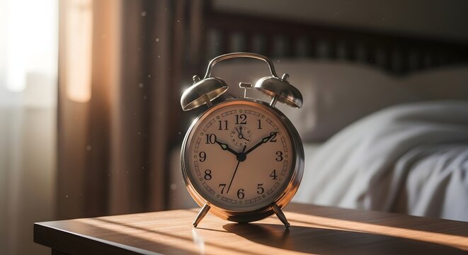 A classic retro alarm clock sits bathed in the soft, golden light of early morning on a wooden bedside table, symbolizing new beginnings and the gentle start of a tranquil day at home