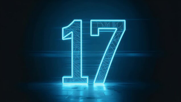 Modern 4K neon animation of the number 17 bright blue light isolated on black background with clean outline for birthdays anniversaries or countdown sequences