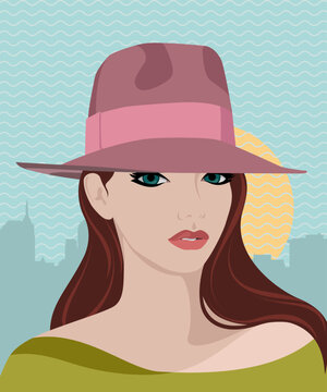 1694_Beautiful young woman wearing a hat against a city skyline with a large sun