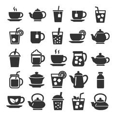 Obraz premium Variety of tea and coffee beverage icons featuring cups and teapots.