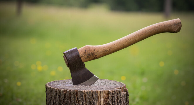 Axe resting on wooden stump in natural outdoor setting  
