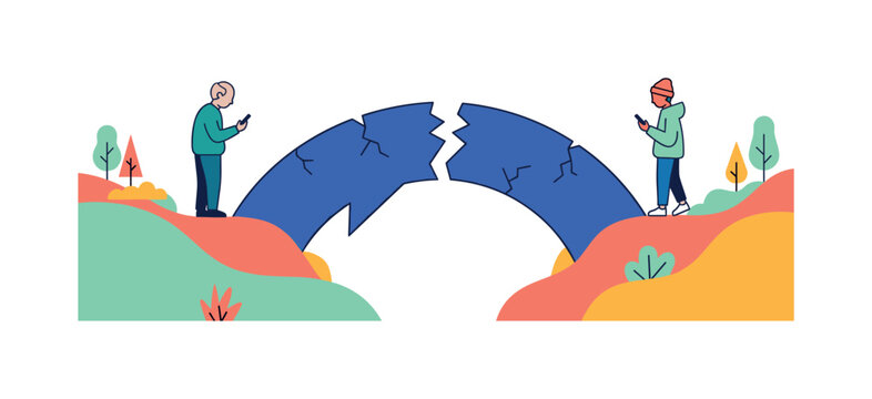 Generational communication gap illustrated by a broken bridge and people on phones