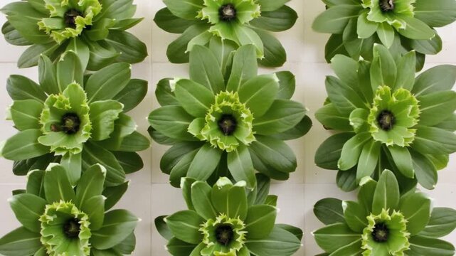 Green plant leaves symmetrical pattern top view fresh foliage natural texture botanical arrangement showing sprout growth stages vibrant color and green flower with white center dark seed organic