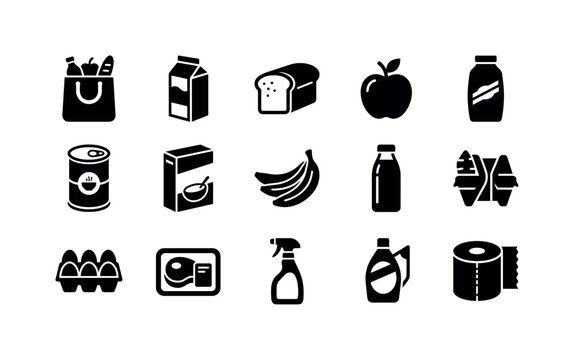Collection of grocery and household item icons on a white background