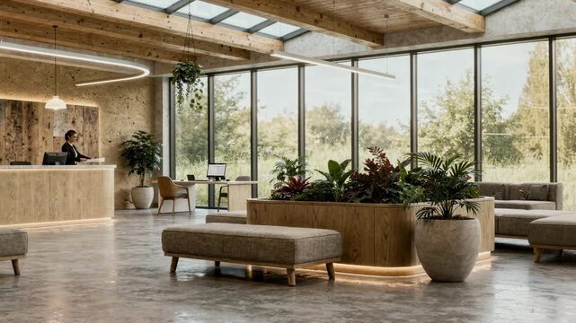 Medium shot of the interior of a standalone ecoconscious bank design focusing on sustainable materials with background elements softened.