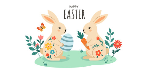 Obraz premium Happy Easter card with two rabbits, painted eggs, flowers and leaves on light background. For holiday greetings, invitations, posters.