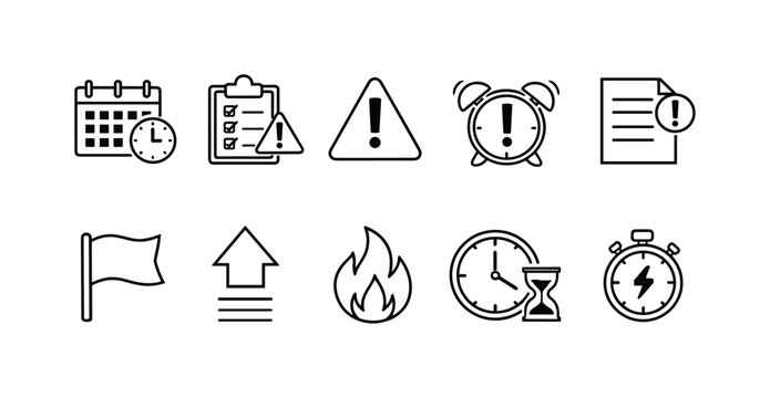 Set of icons representing tasks, deadlines, alerts, and time management concepts