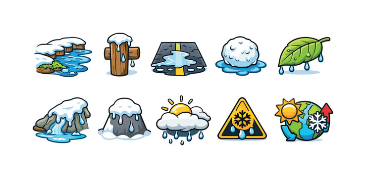 Collection of cartoon icons depicting melting snow and weather phenomena
