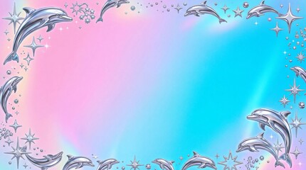 magical dolphin fantasy, pastel pink and blue gradient with holographic dolphins and sparkling stars form a whimsical and magical backdrop © SuzeO
