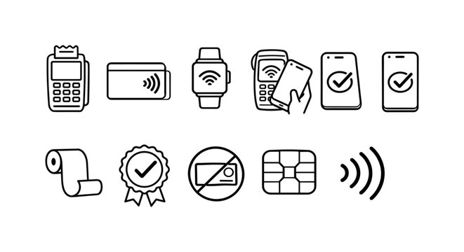 Contactless payment icons collection showing various payment methods and devices