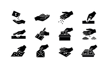 Obraz premium Collection of icons illustrating various seed planting and handling techniques