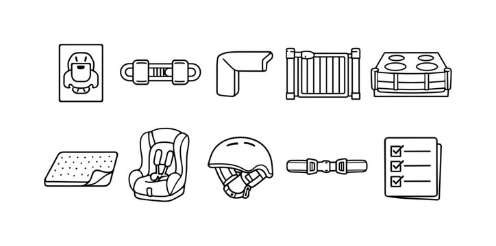 Collection of childproofing and safety icons for home and travel