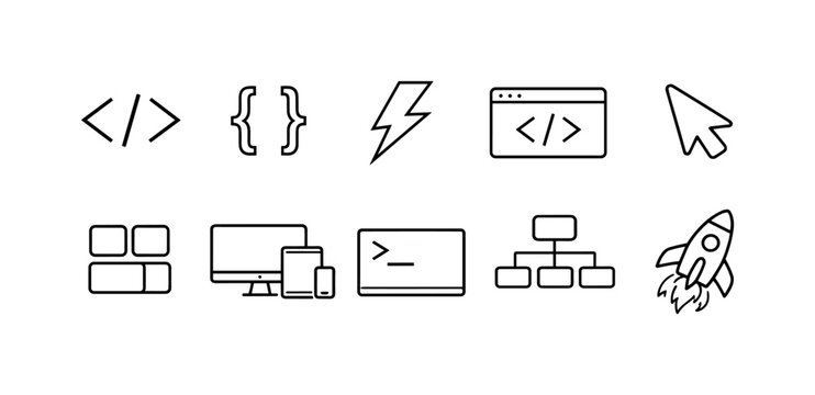 Collection of simple line icons representing programming, development, and technology concepts