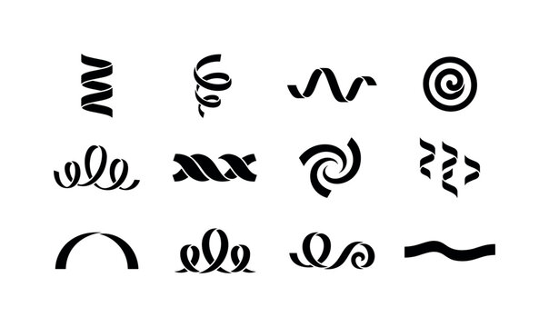 Collection of black ribbon and streamer graphic elements in various abstract shapes