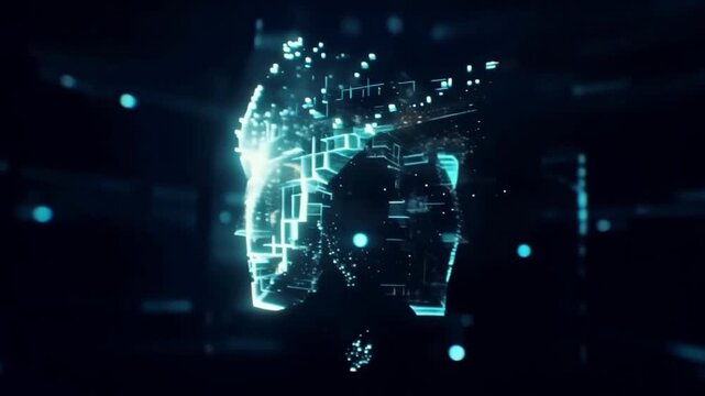 Digital face technology with glowing blue grid and dots showcasing futuristic artificial intelligence hologram, cybernetic design, data visualization, and virtual reality innovation concept