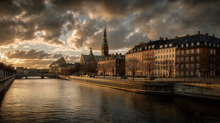 Fototapeta premium Golden Hour in Copenhagen: Historical Architecture and Spired Skylines Reflected in the Canal