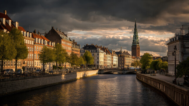 Golden Hour in Copenhagen: Historical Architecture and Spired Skylines Reflected in the Canal