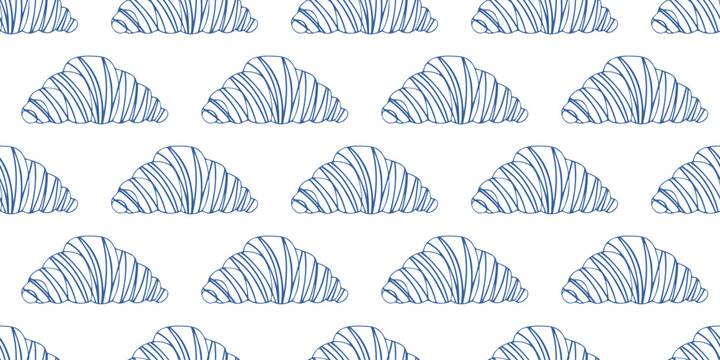 Seamless pattern with french croissants in blue line art style. Vector background for bakery, cafe, breakfast menu and food design. Minimalist hand drawn wallpaper on white.