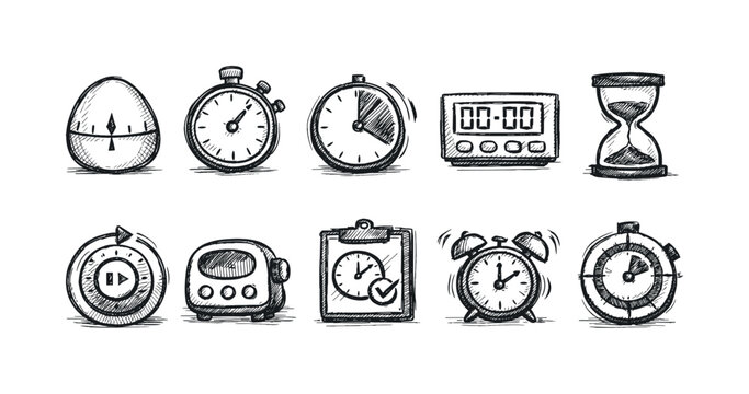 Collection of hand-drawn icons representing various timekeeping devices and concepts