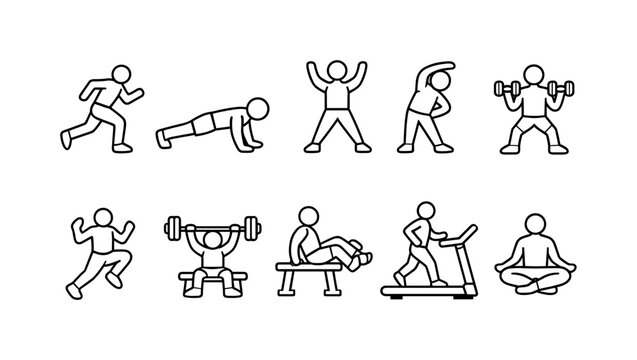 Collection of simple line art icons representing various fitness and exercise activities