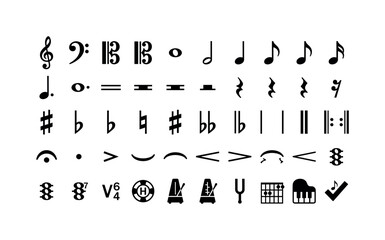 Collection of musical notation symbols including clefs, notes, rests, accidentals, and time signatures