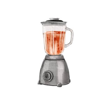 Watercolor kitchen blender with orange smoothie isolated on white background