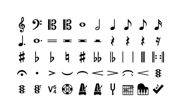 Collection of musical notation symbols including clefs, notes, rests, accidentals, and time signatures