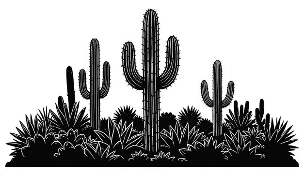 desert landscape with saguaro cactus and various succulents detailed botanical scene isolated on transparent background ideal for western themes nature design and desert graphics