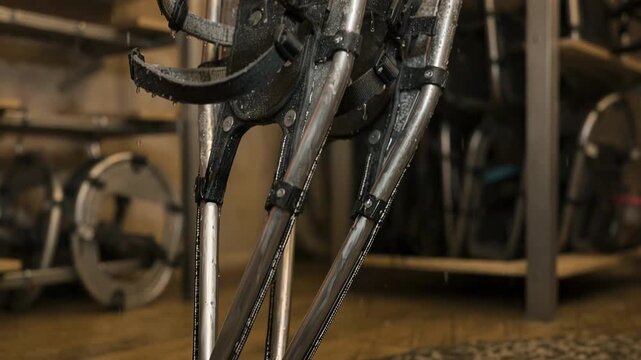 Closeup view of snowshoes hanging in a warm drying room with focused detail on straps and frames set against blurred background racks and heating vents.