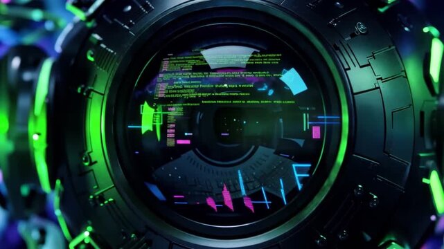 Futuristic digital interface with glowing neon code and data displayed on circular screen featuring mechanical technology and advanced holographic display in vibrant cybernetic environment