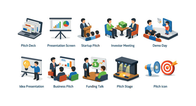 Business presentation and startup pitch icons collection for investment and ideas