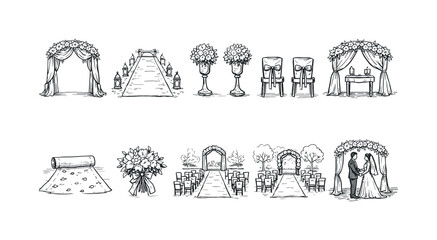Fototapeta premium Collection of hand-drawn wedding ceremony elements and scenes for event planning