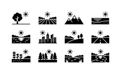 Naklejka premium Collection of diverse landscape icons under a bright sun