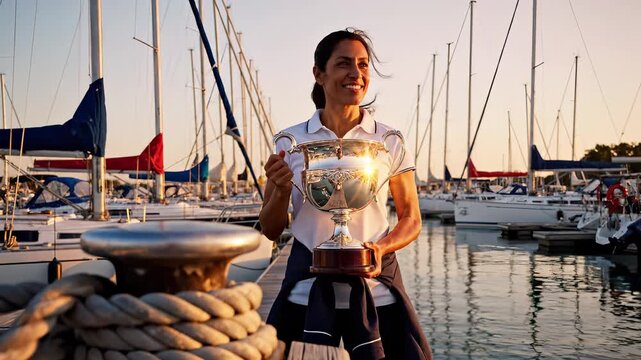 Woman holding trophy on marina dock, yacht fleet in background, smiling regatta champion celebrates victory in warm golden light, coiled ropes and moored boats frame scene, candid portrait of sailor