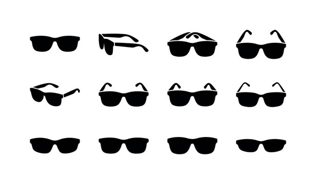 Collection of diverse black sunglasses silhouettes on a clean white background
