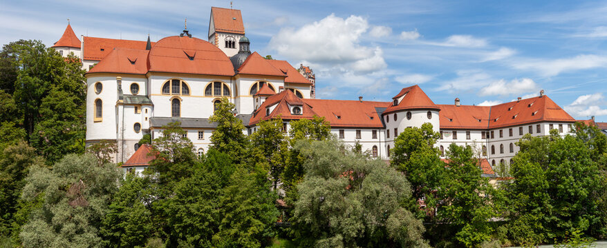 Historic German architecture with red roofs and white facades in Fussen, Bavaria. 