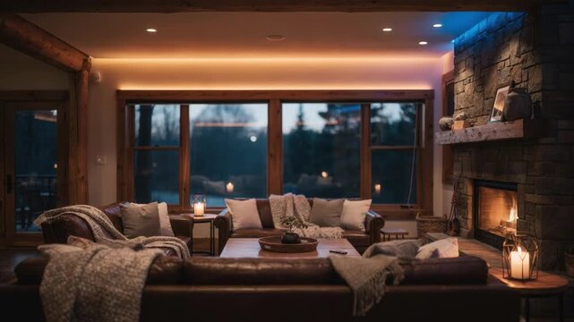 Evening ambiance in a camp lodge living area highlighted by smart lights changing color and intensity with blurred outdoor views through windows.